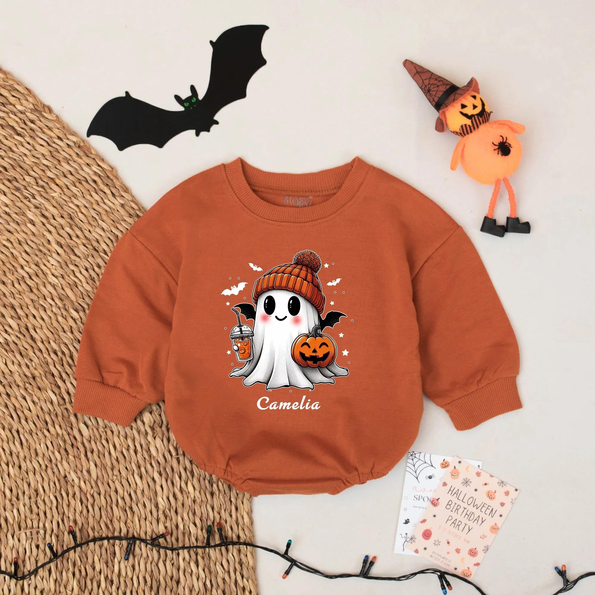 Personalized Cute Ghost Halloween Baby Romper Outfit Spooky Season Infant Costume Boy Girl Name