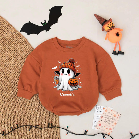 Personalized Cute Ghost Halloween Baby Romper Outfit Spooky Season Infant Costume Boy Girl Name
