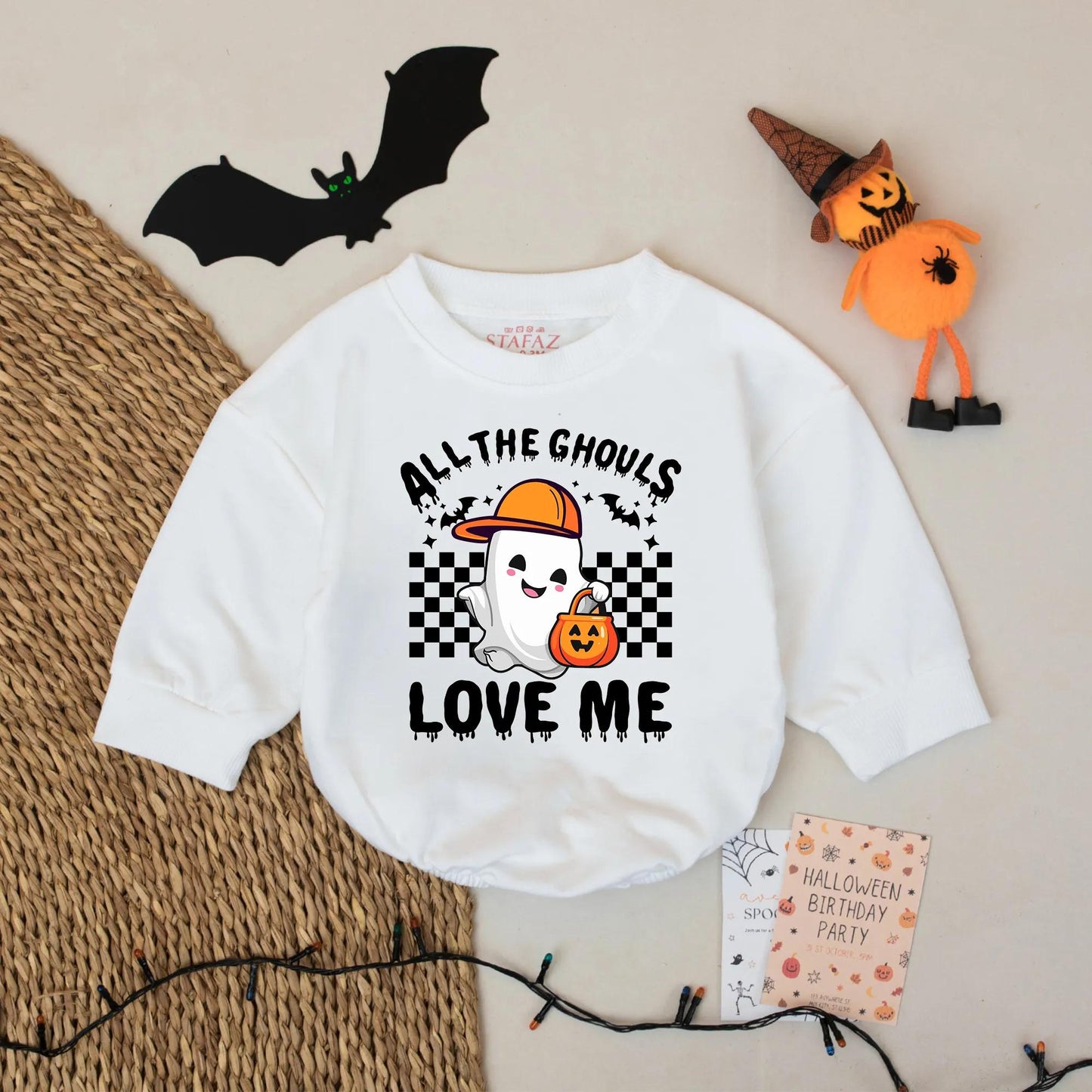 All the Ghouls Love Me Baby Romper Cute Ghost Halloween Outfit Retro Checkered Fall Infant Bodysuit Adorable Spooky Fun for Boy Girl