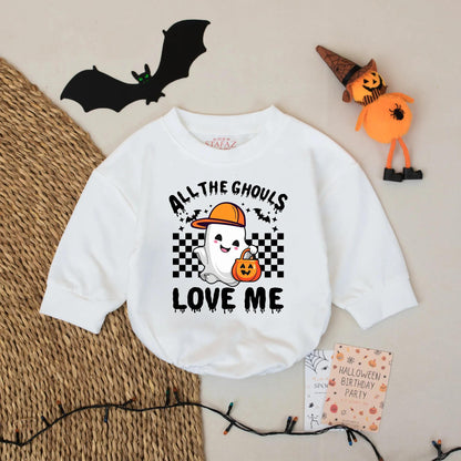 All the Ghouls Love Me Baby Romper Cute Ghost Halloween Outfit Retro Checkered Fall Infant Bodysuit Adorable Spooky Fun for Boy Girl