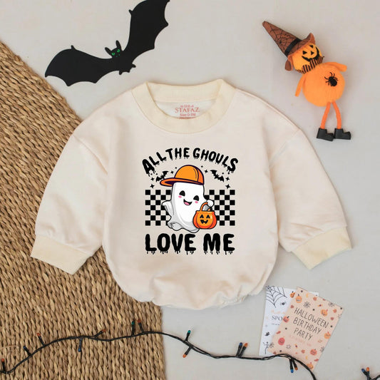 All the Ghouls Love Me Baby Romper Cute Ghost Halloween Outfit Retro Checkered Fall Infant Bodysuit Adorable Spooky Fun for Boy Girl