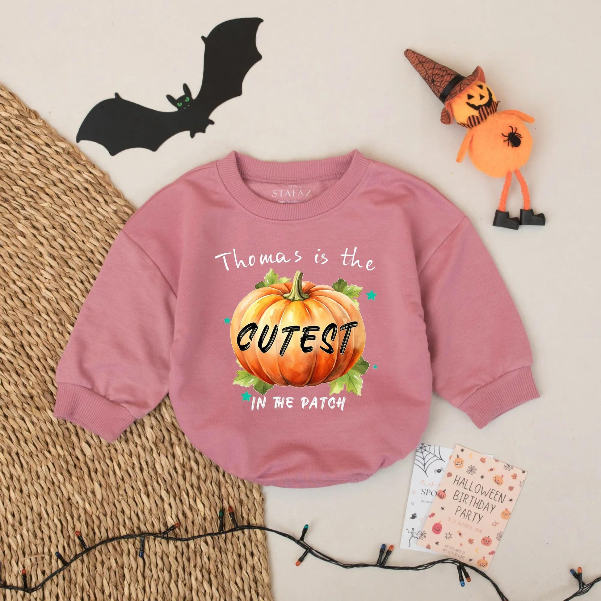 Personalized Cutest Pumpkin Romper: Custom Name Baby Outfit for Fall Halloween - Teal Star Accent Bodysuit, Orange Pumpkin & Green Leaves Design (139 chars)