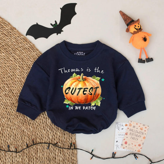 Personalized Cutest Pumpkin Romper: Custom Name Baby Outfit for Fall Halloween - Teal Star Accent Bodysuit, Orange Pumpkin & Green Leaves Design (139 chars)