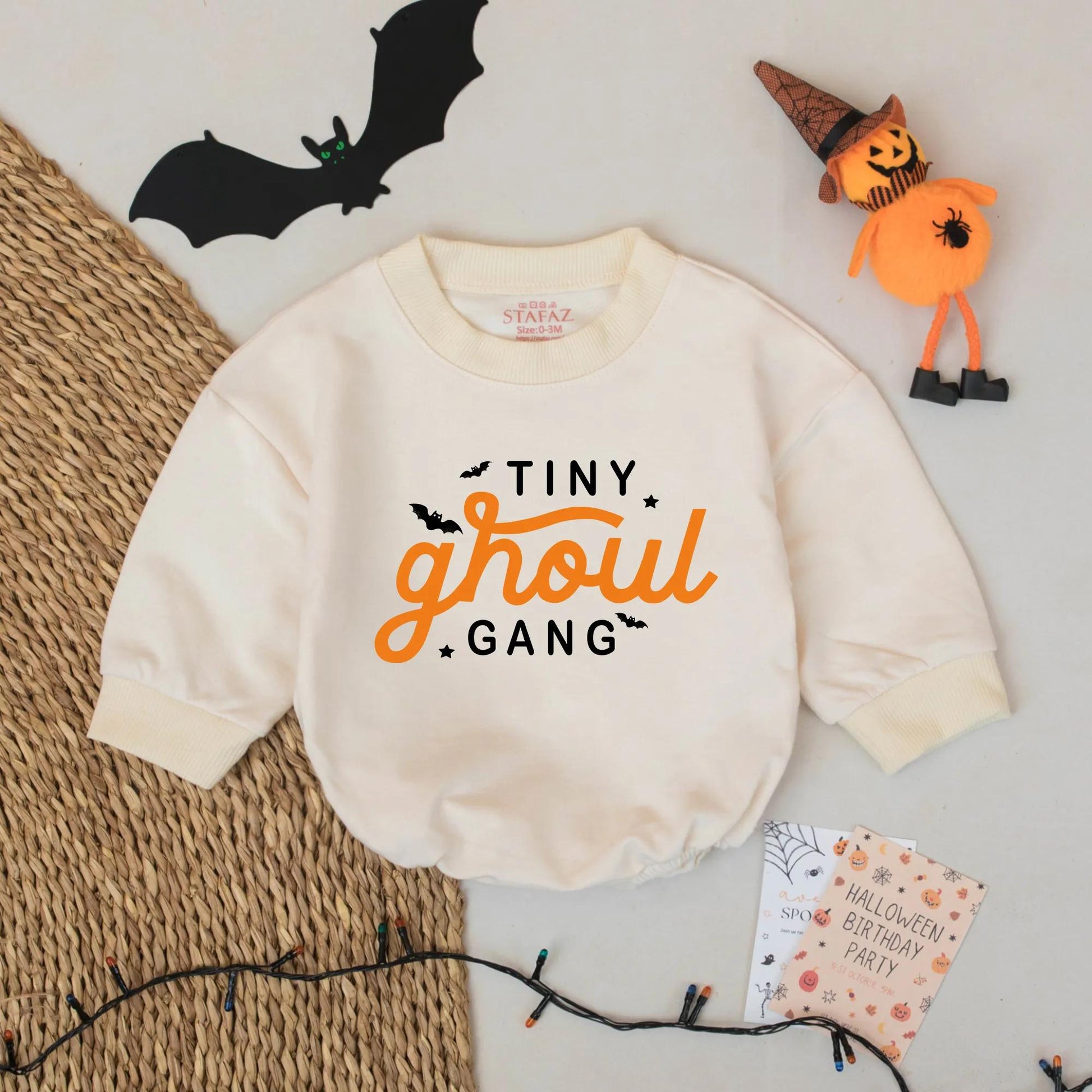 Tiny Ghoul Gang Baby Romper Cute Halloween Outfit for Baby Girl or Boy Spooky Season Ghost Bodysuit with Orange Ghoul Bats Stars