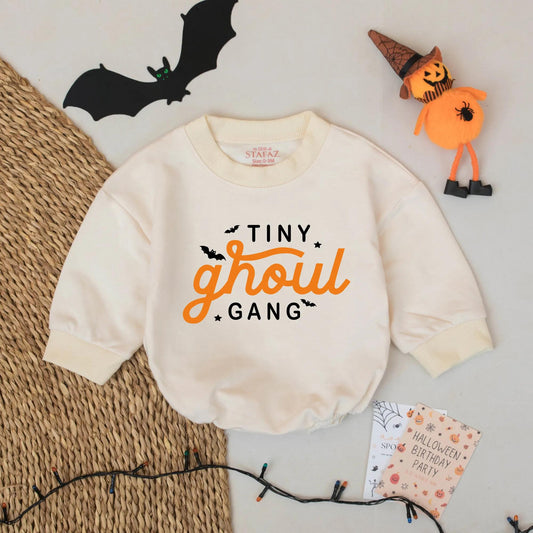 Tiny Ghoul Gang Baby Romper Cute Halloween Outfit for Baby Girl or Boy Spooky Season Ghost Bodysuit with Orange Ghoul Bats Stars