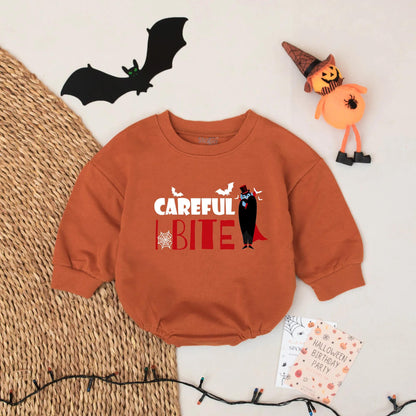 Careful I Bite Baby Romper Cute Halloween Vampire Dracula Outfit Bodysuit for Baby Boys or Girls Spooky Fun