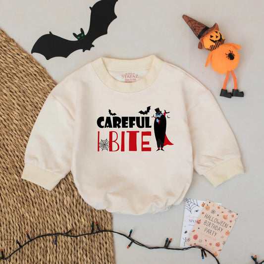 Careful I Bite Baby Romper Cute Halloween Vampire Dracula Outfit Bodysuit for Baby Boys or Girls Spooky Fun