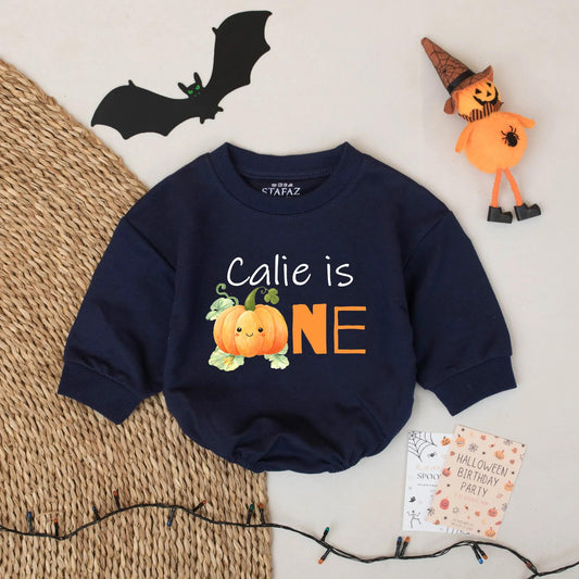 Calie is ONE Pumpkin First Birthday Romper Cute Watercolor Fall Baby Girl Outfit Custom Name Gift
