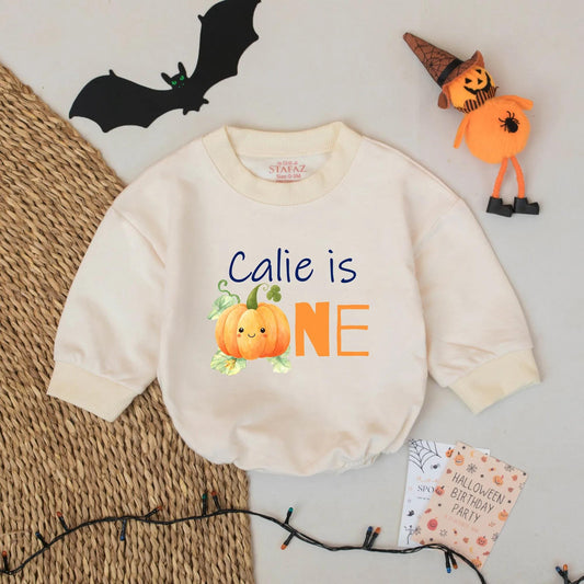 Calie is ONE Pumpkin First Birthday Romper Cute Watercolor Fall Baby Girl Outfit Custom Name Gift