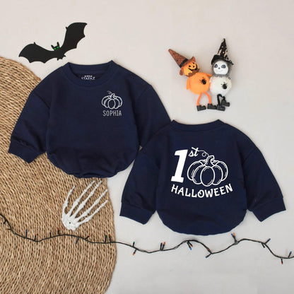 Personalized 1st Halloween Baby Romper: Custom Pumpkin Fall Outfit for Baby Girl or Boy - First Halloween Bodysuit Gift