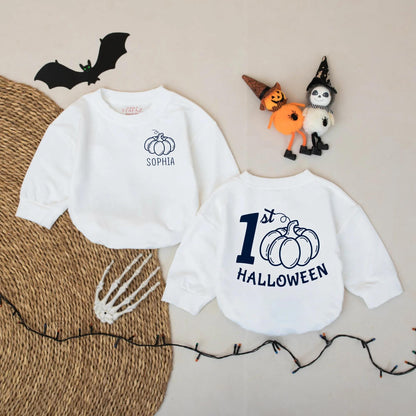 Personalized 1st Halloween Baby Romper: Custom Pumpkin Fall Outfit for Baby Girl or Boy - First Halloween Bodysuit Gift