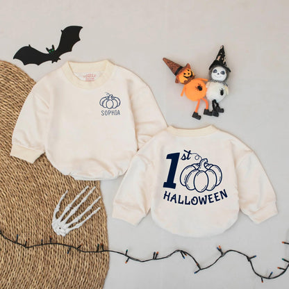 Personalized 1st Halloween Baby Romper: Custom Pumpkin Fall Outfit for Baby Girl or Boy - First Halloween Bodysuit Gift