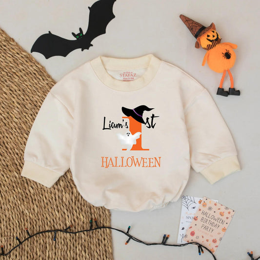 Liam's 1st Halloween Baby Romper Cute Ghost Witch Hat Orange & Black Script Design Baby's First Fall Outfit