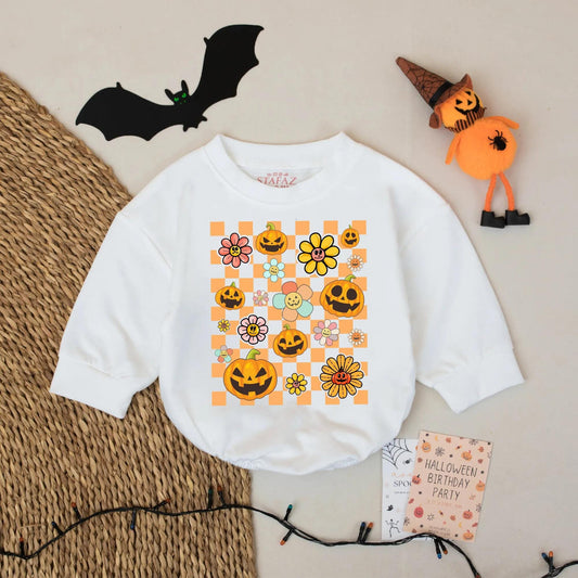 Retro Halloween Baby Romper with Pumpkin & Flower Checkerboard Design Cute Spooky Season Whimsical Outfit for Baby Girl or Boy