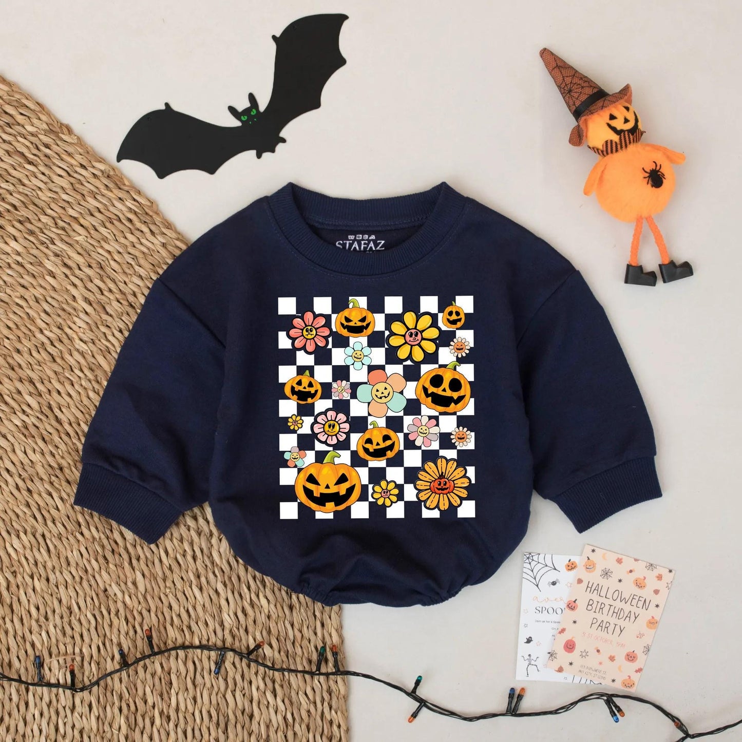 Retro Halloween Baby Romper with Pumpkin & Flower Checkerboard Design Cute Spooky Season Whimsical Outfit for Baby Girl or Boy