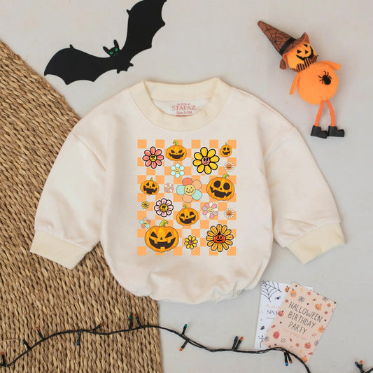 Retro Halloween Baby Romper with Pumpkin & Flower Checkerboard Design Cute Spooky Season Whimsical Outfit for Baby Girl or Boy
