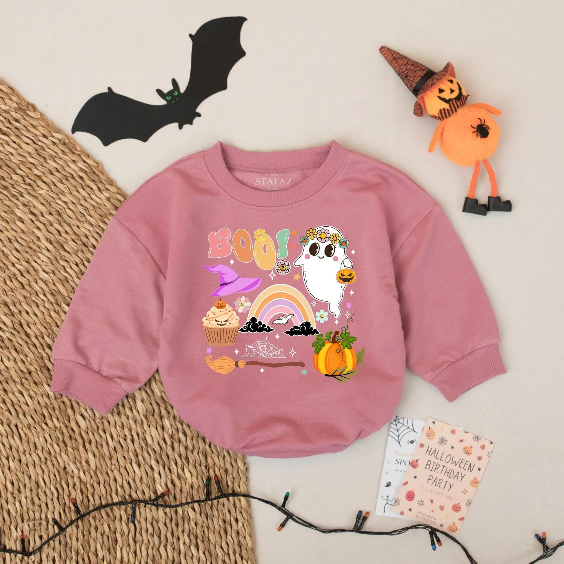 BOO Pastel Halloween Baby Romper Cute Ghost Rainbow Fall Outfit Retro Spooky Season for Baby Girl or Boy with Whimsical Floral Graphics