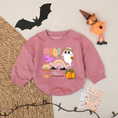 BOO Pastel Halloween Baby Romper Cute Ghost Rainbow Fall Outfit Retro Spooky Season for Baby Girl or Boy with Whimsical Floral Graphics