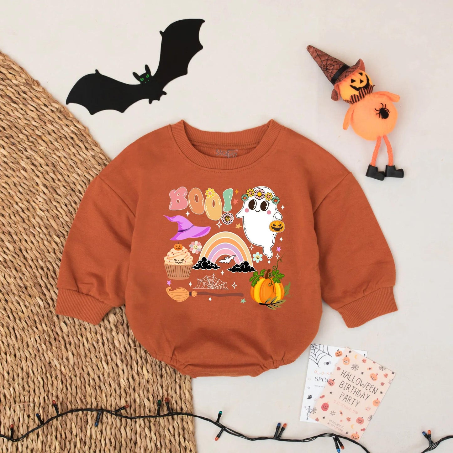 BOO Pastel Halloween Baby Romper Cute Ghost Rainbow Fall Outfit Retro Spooky Season for Baby Girl or Boy with Whimsical Floral Graphics