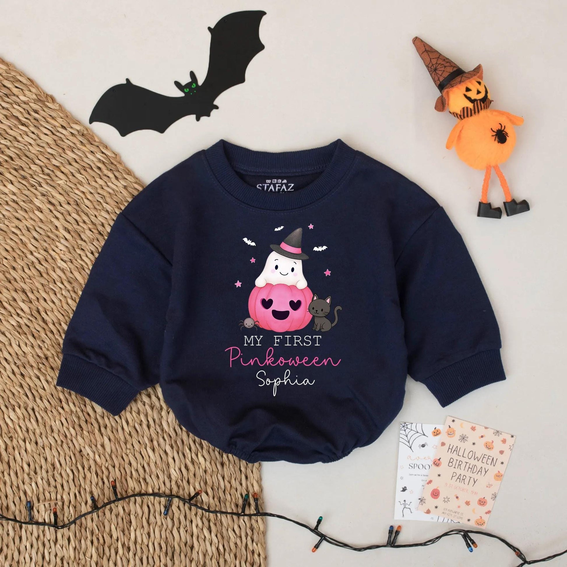My First Pinkoween Personalized Baby Romper, Ghost in Pumpkin Outfit, Custom Name Halloween Bodysuit, Cute Fall Gift for Sophia - 134 chars