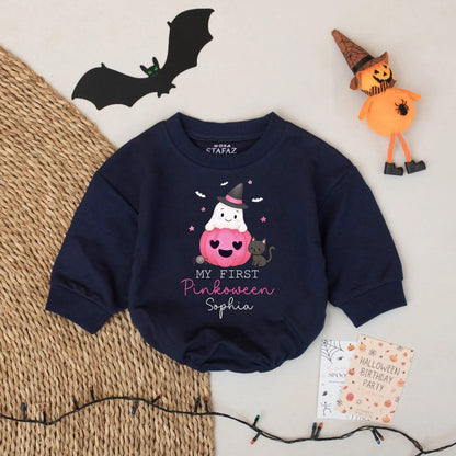 My First Pinkoween Personalized Baby Romper, Ghost in Pumpkin Outfit, Custom Name Halloween Bodysuit, Cute Fall Gift for Sophia - 134 chars