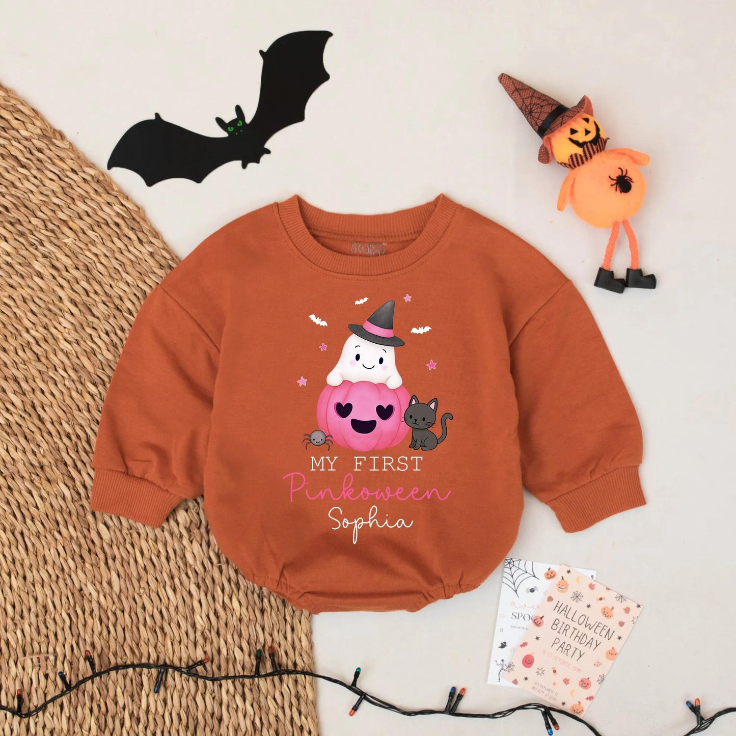 My First Pinkoween Personalized Baby Romper, Ghost in Pumpkin Outfit, Custom Name Halloween Bodysuit, Cute Fall Gift for Sophia - 134 chars