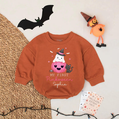 My First Pinkoween Personalized Baby Romper, Ghost in Pumpkin Outfit, Custom Name Halloween Bodysuit, Cute Fall Gift for Sophia - 134 chars
