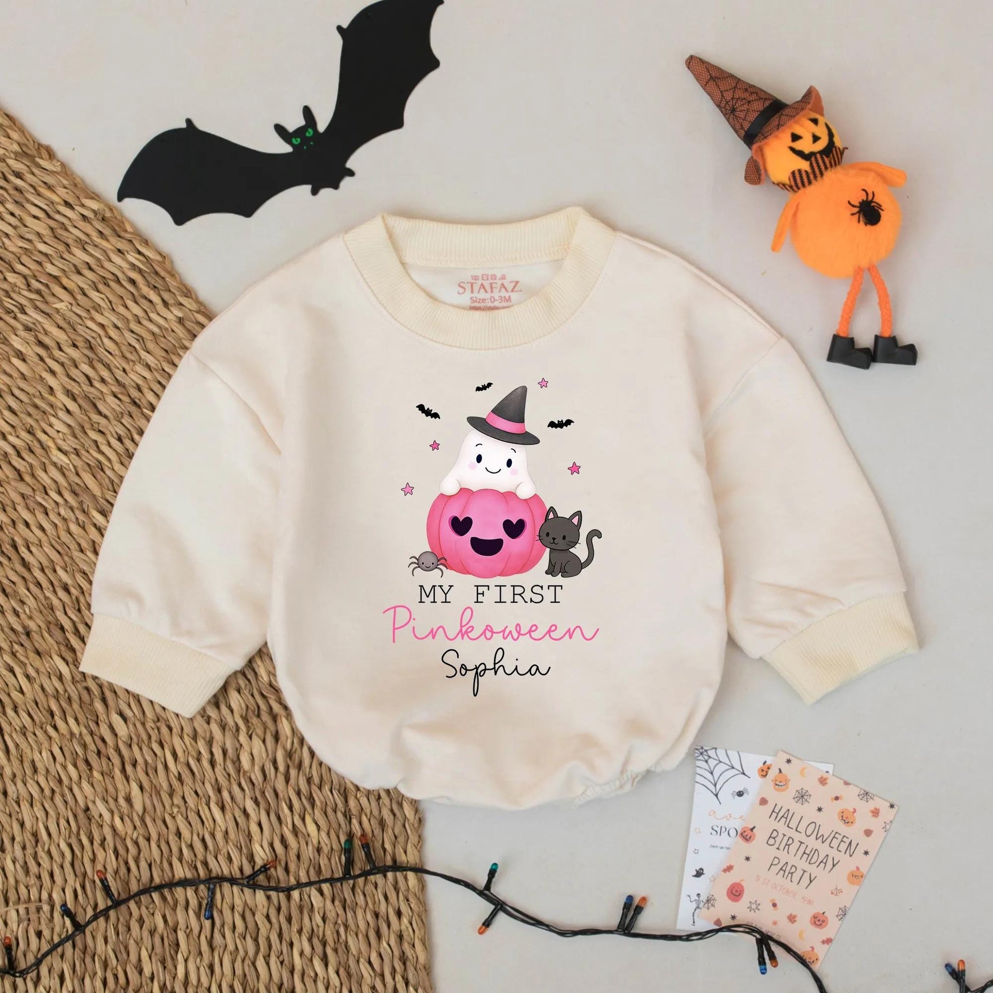 My First Pinkoween Personalized Baby Romper, Ghost in Pumpkin Outfit, Custom Name Halloween Bodysuit, Cute Fall Gift for Sophia - 134 chars