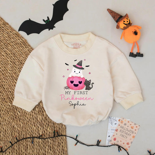 My First Pinkoween Personalized Baby Romper, Ghost in Pumpkin Outfit, Custom Name Halloween Bodysuit, Cute Fall Gift for Sophia - 134 chars