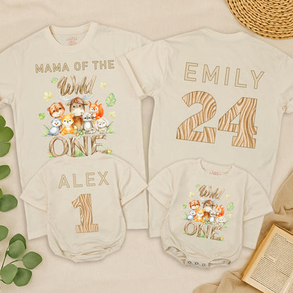 Personalized Wild One Birthday Family Matching Safari Shirts with Cute Watercolor Woodland Animals and Wood Grain Numbers Toddler Baby Cotton