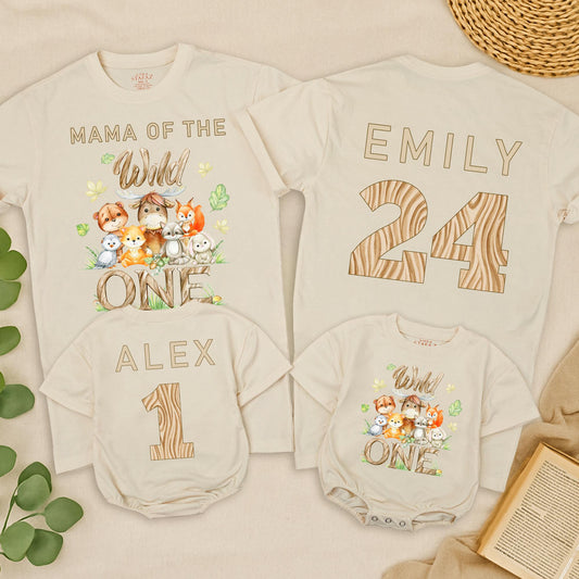 Personalized Wild One Birthday Family Matching Safari Shirts with Cute Watercolor Woodland Animals and Wood Grain Numbers Toddler Baby Cotton