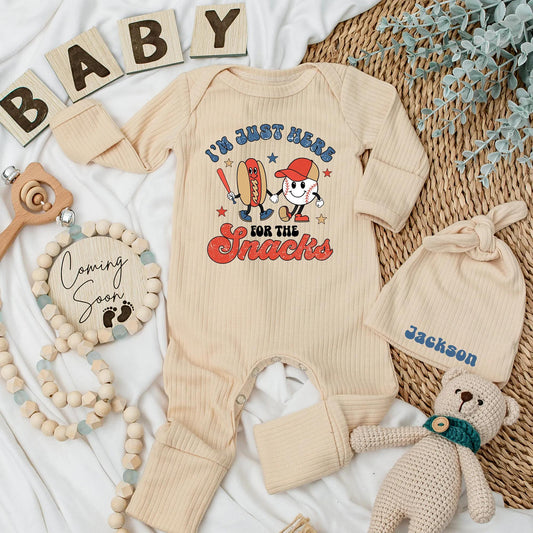 I'm Just Here for the Snacks Baby Bodysuit Retro Baseball Newborn Outfit Whimsical Game Day Fan Apparel New Baby Shower Gift