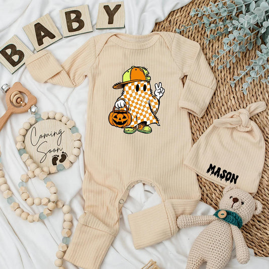 Retro Ghost Baby Boy Bodysuit Personalized Halloween Outfit Cute Pumpkin Boo Clothes Newborn Gift Spooky Season