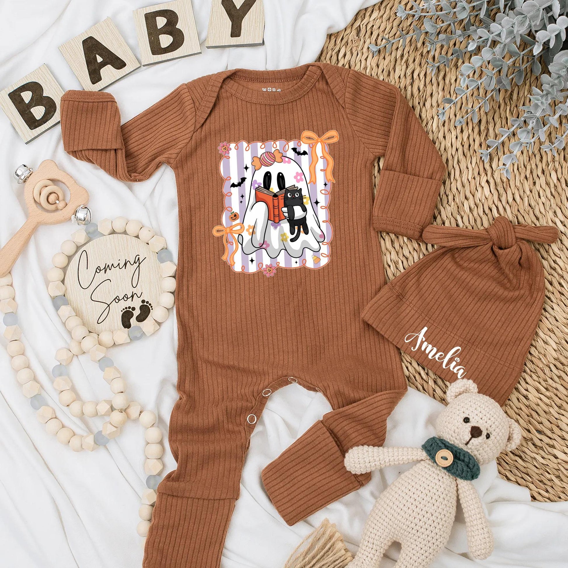 Halloween Ghost Baby Girl Bodysuit with Black Cat & Book Pink Purple Striped Playful Cartoon Spooky Season Newborn Gift