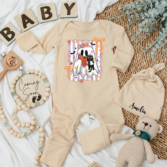 Halloween Ghost Baby Girl Bodysuit with Black Cat & Book Pink Purple Striped Playful Cartoon Spooky Season Newborn Gift