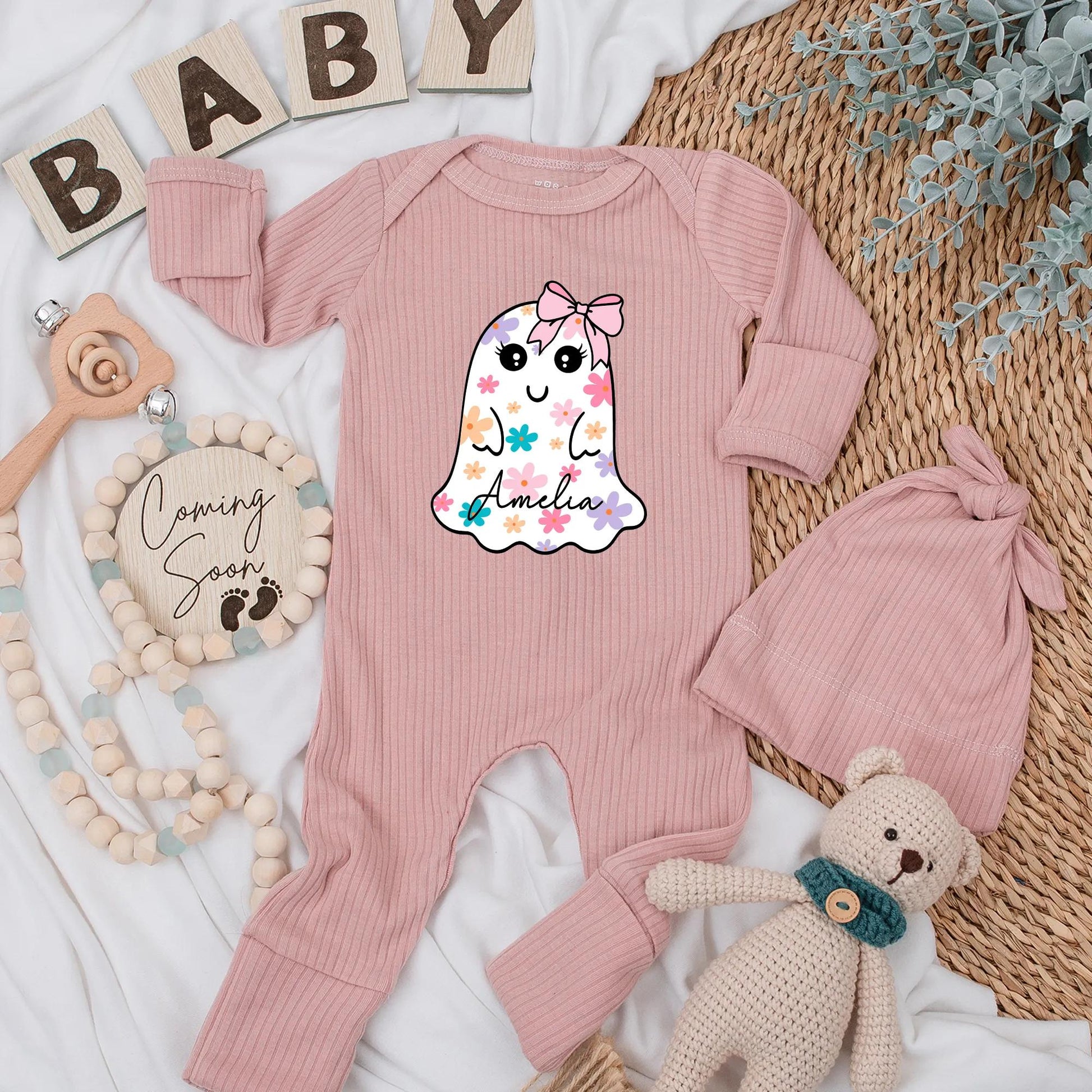 Amelia Floral Ghost Baby Girl Bodysuit Halloween Outfit Newborn Gift Cute Spooky Season Custom Baby Clothes Baby Shower