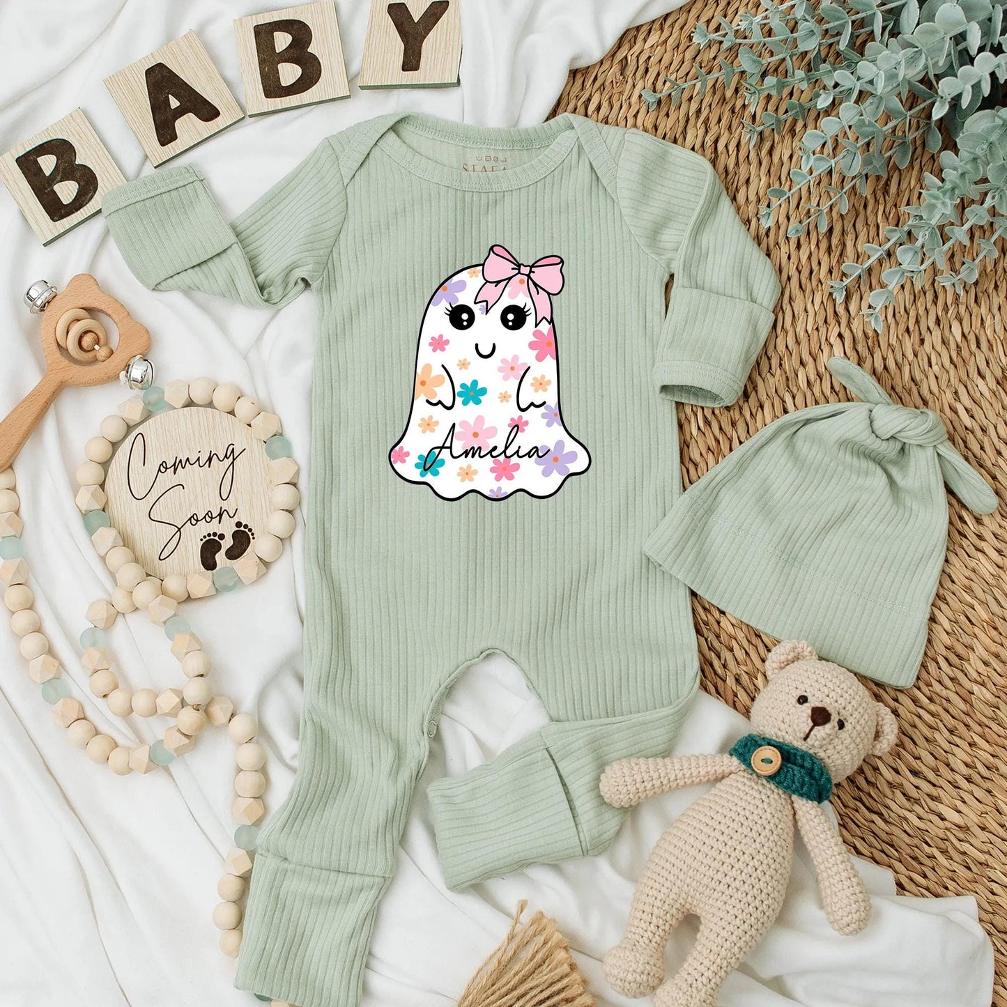 Amelia Floral Ghost Baby Girl Bodysuit Halloween Outfit Newborn Gift Cute Spooky Season Custom Baby Clothes Baby Shower