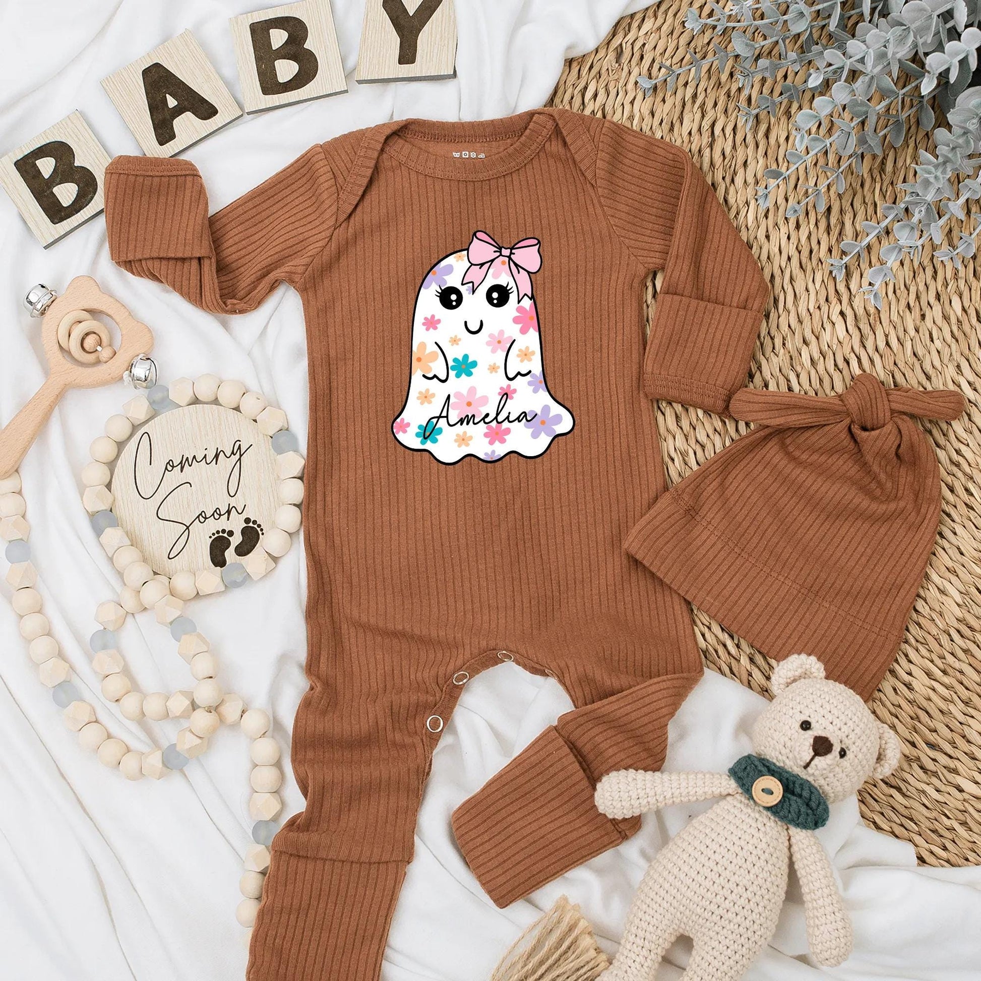 Amelia Floral Ghost Baby Girl Bodysuit Halloween Outfit Newborn Gift Cute Spooky Season Custom Baby Clothes Baby Shower