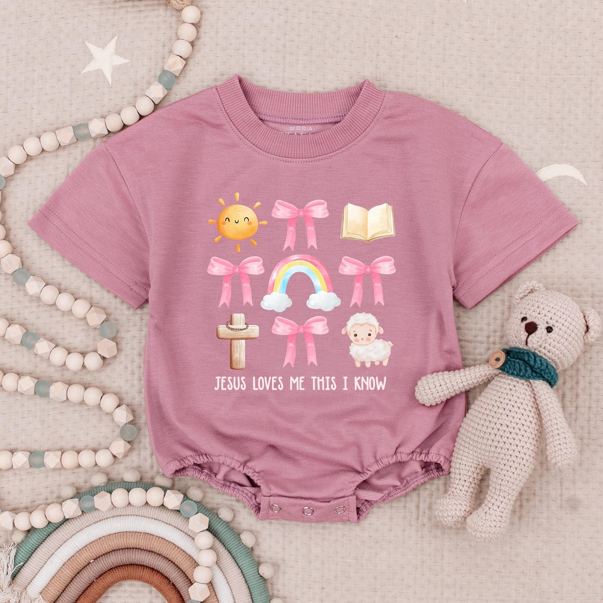 Jesus Loves Me Pastel Romper for Baby Girl, Christian Faith Outfit with Sun, Bows & Rainbows, Religious Toddler Clothes, Church Gift, Scripture Inspired 139