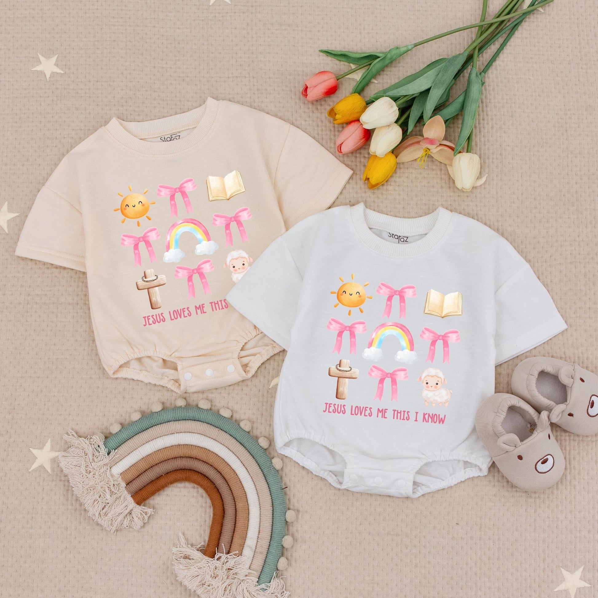 Jesus Loves Me Pastel Romper for Baby Girl, Christian Faith Outfit with Sun, Bows & Rainbows, Religious Toddler Clothes, Church Gift, Scripture Inspired 139