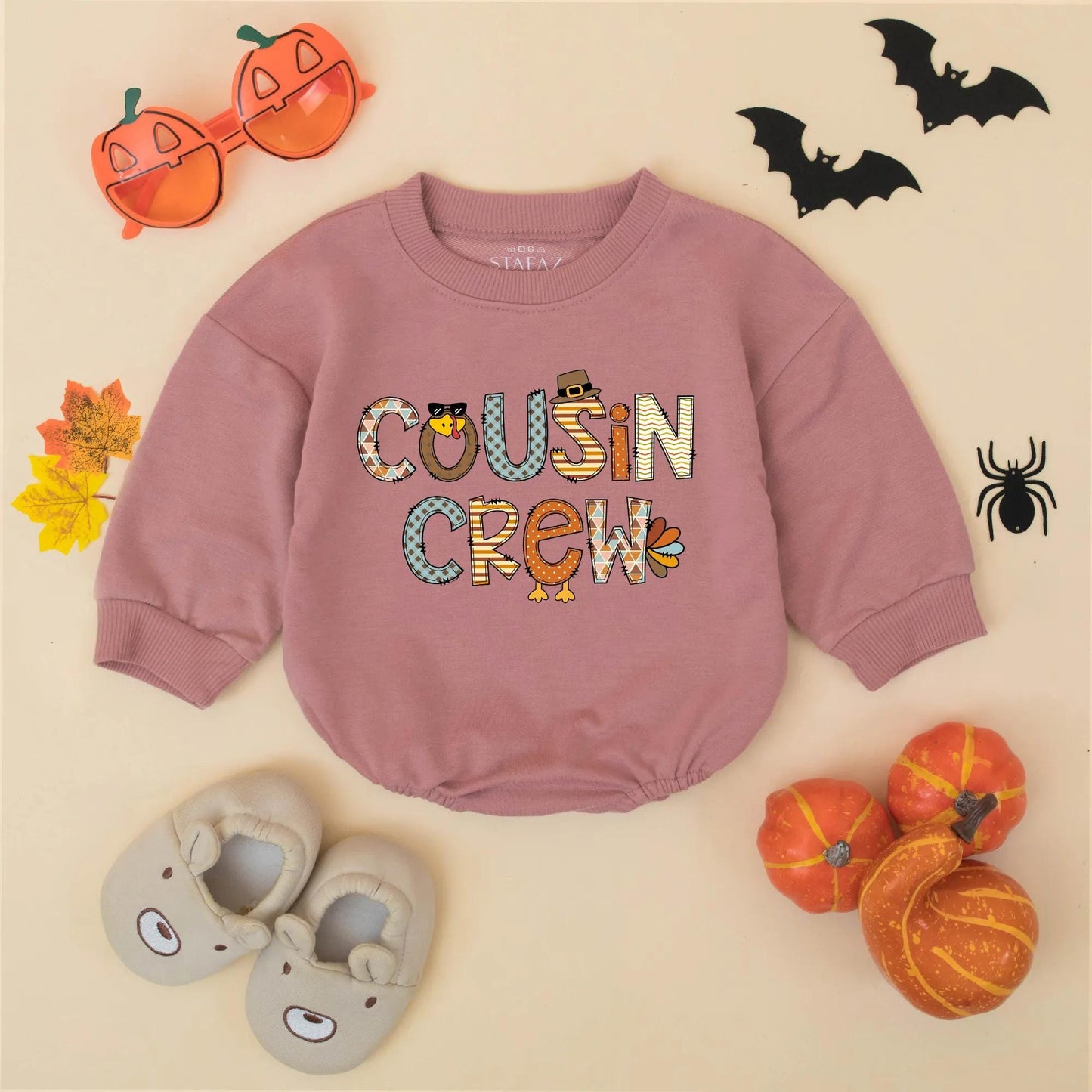 Cousin Crew Thanksgiving Romper Turkey Sweatshirt for Baby Toddler Girl Boy Matching Outfit Fall Colors Festive Apparel First Thanksgiving Gift (139 chars)