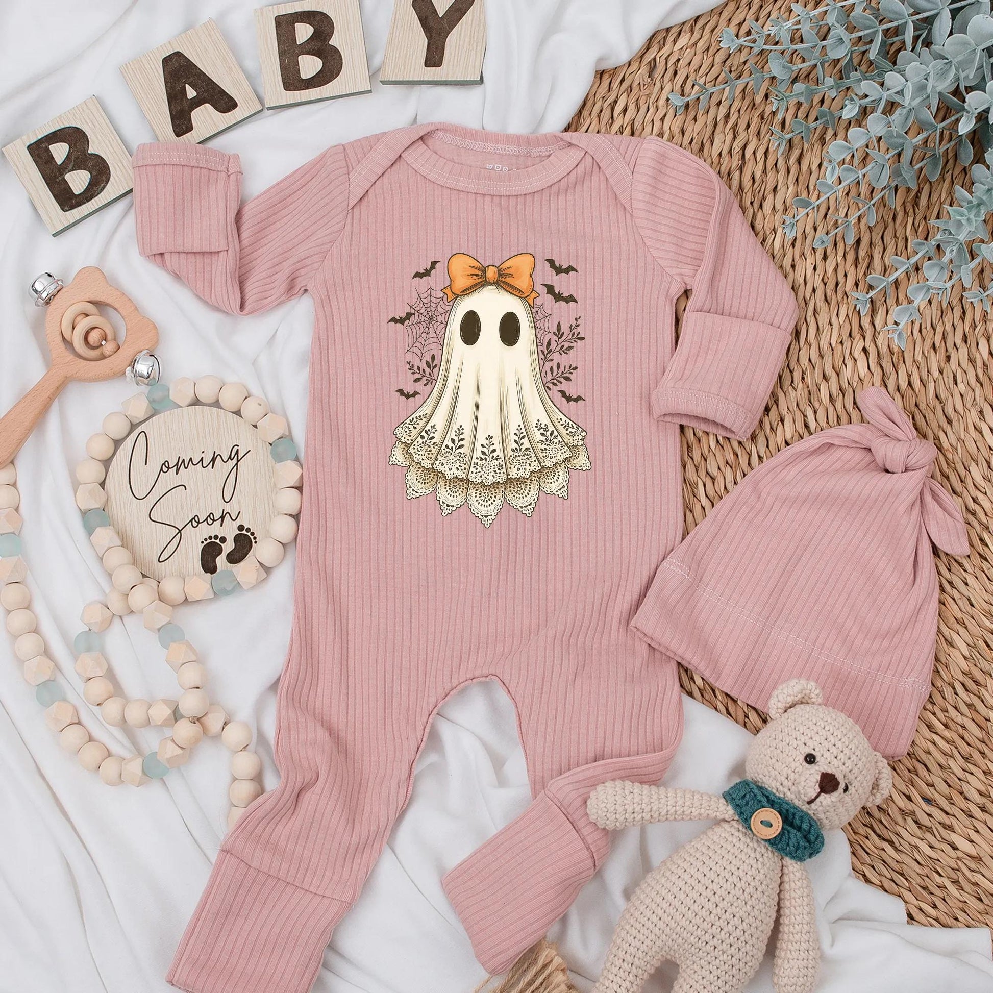 Vintage Ghost Baby Girl Bodysuit with Orange Bow, Cute Halloween Newborn Outfit, Spooky Lace Ghost Clothes, Baby Shower Gift, First Halloween
