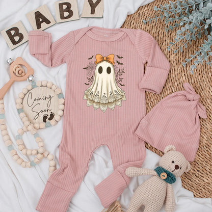 Vintage Ghost Baby Girl Bodysuit with Orange Bow, Cute Halloween Newborn Outfit, Spooky Lace Ghost Clothes, Baby Shower Gift, First Halloween