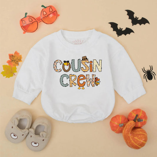 Cousin Crew Thanksgiving Romper Turkey Sweatshirt for Baby Toddler Girl Boy Matching Outfit Fall Colors Festive Apparel First Thanksgiving Gift (139 chars)