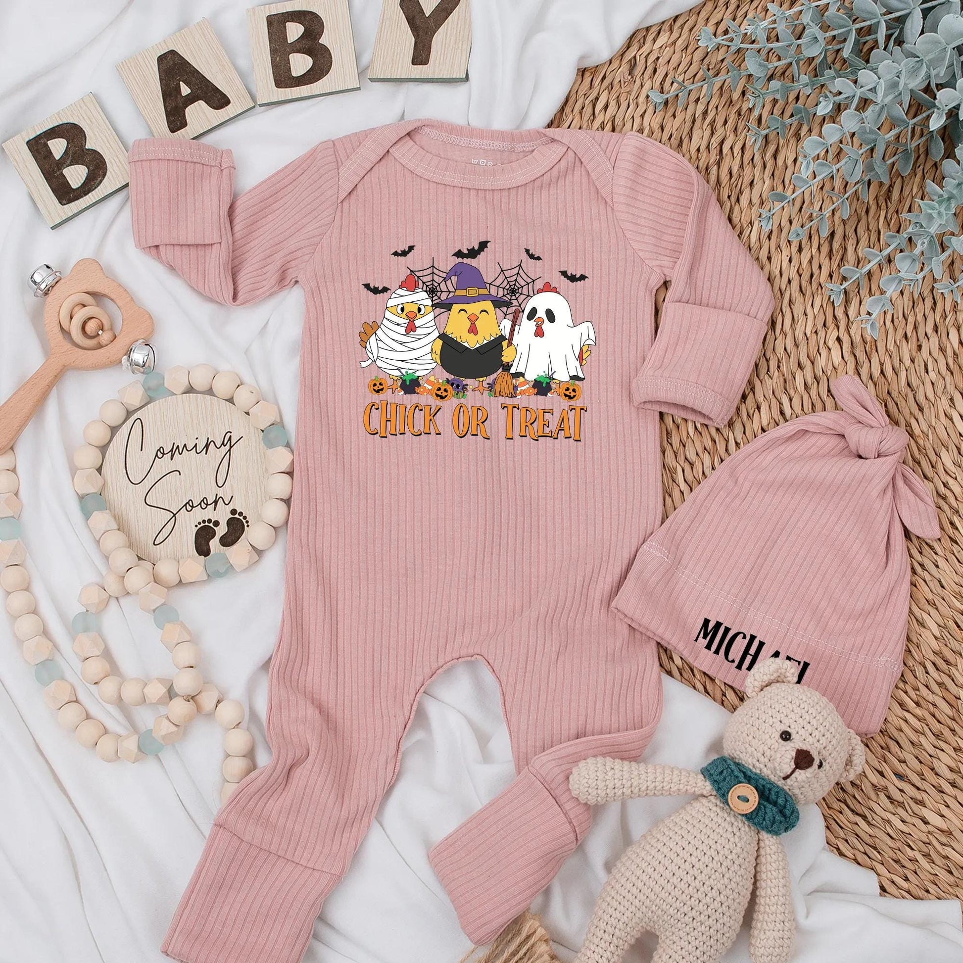Chick or Treat Baby Bodysuit Funny Chicken Ghost Halloween Outfit Retro Spooky Season Newborn Clothes Custom Baby Shower Gift
