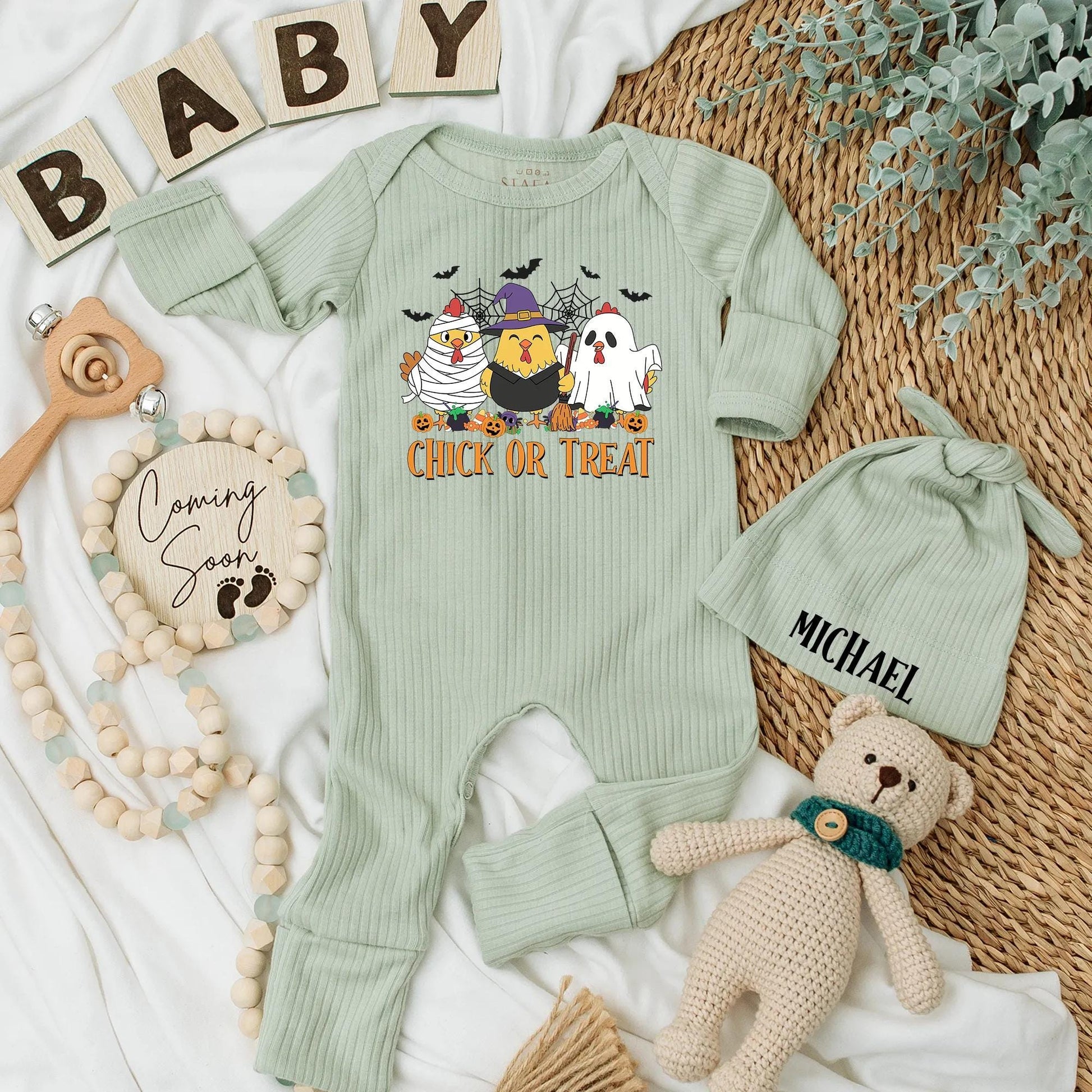 Chick or Treat Baby Bodysuit Funny Chicken Ghost Halloween Outfit Retro Spooky Season Newborn Clothes Custom Baby Shower Gift