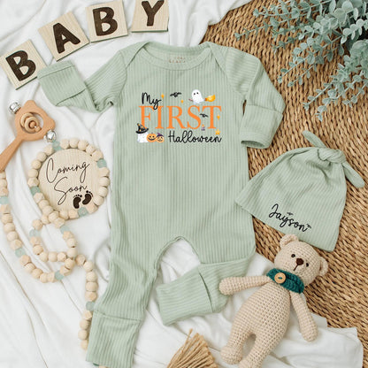 Personalized My First Halloween Baby Bodysuit with Cute Ghost Pumpkin Bat Design, Adorable Newborn Outfit for Spooky Season Baby Shower Gift