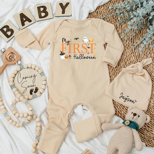 Personalized My First Halloween Baby Bodysuit with Cute Ghost Pumpkin Bat Design, Adorable Newborn Outfit for Spooky Season Baby Shower Gift