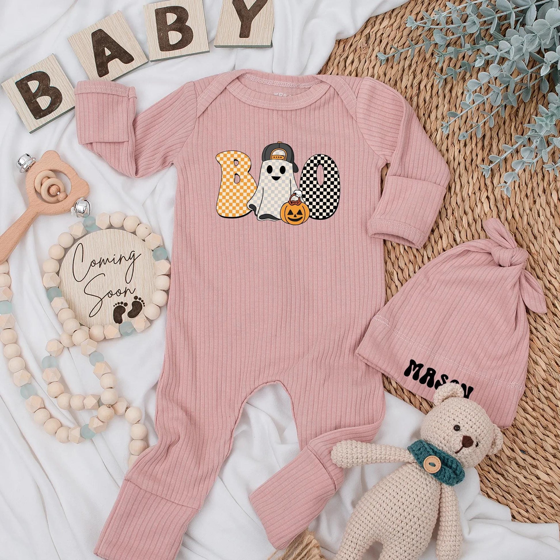 Boo Ghost Baby Boy Bodysuit Retro Halloween Outfit, First Halloween Costume Gift, Spooky Season Newborn Shower, Black & White Checker Design