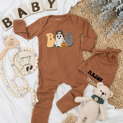 Boo Ghost Baby Boy Bodysuit Retro Halloween Outfit, First Halloween Costume Gift, Spooky Season Newborn Shower, Black & White Checker Design